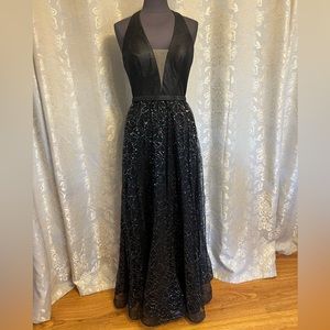 Val Stefani 3744RC Black with oil sequin skirt deep V front and back style